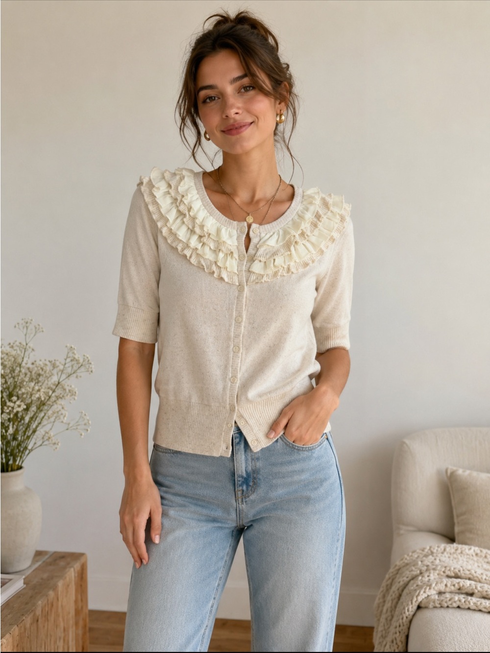 Pretty Good Ruffle Trim Cardigan Sweater Medium Oatmeal Ivory Cottagecore